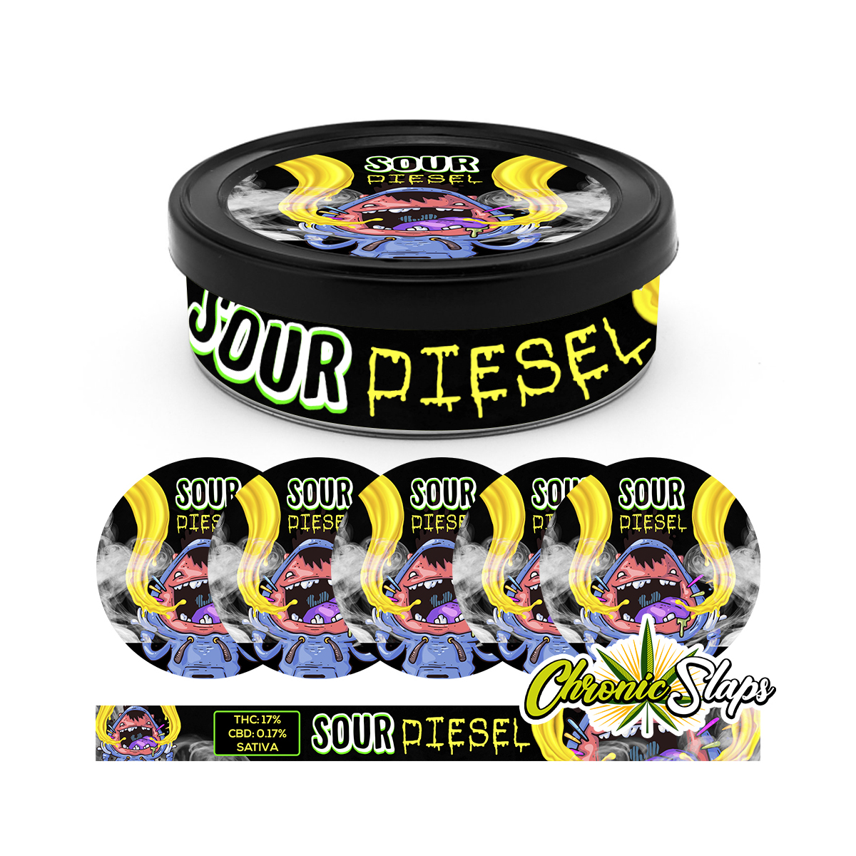 – Sour Diesel Sticker Labels for Tins Sour Diesel 30 Top and Side Labels 